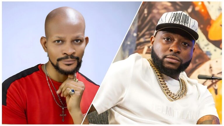 Split-image collage featuring (left) Nigerian actor and controversial social media personality Uche Maduagwu with a shaved head, wearing a red shirt with black accents, silver cross necklace, and rings, posing thoughtfully with hand on chin against a plain background; (right) Nigerian singer Davido wearing a white cap with "Prelude" text, white T-shirt, multiple heavy gold and diamond chains, against a colorful graffiti backdrop.