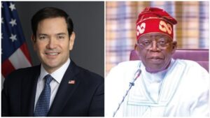 “Side-by-side photo showing U.S. Secretary Marco Rubio on the left in a suit against an American flag backdrop, and Nigerian President Bola Ahmed Tinubu on the right wearing a red cap and white agbada during an official meeting.”
