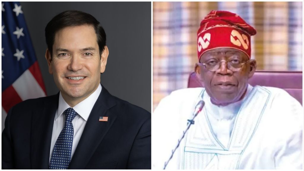 “Side-by-side photo showing U.S. Secretary Marco Rubio on the left in a suit against an American flag backdrop, and Nigerian President Bola Ahmed Tinubu on the right wearing a red cap and white agbada during an official meeting.”