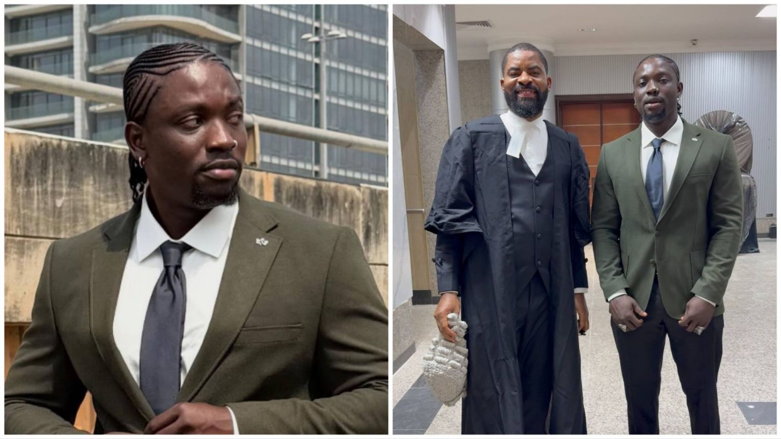 Verydarkman stands beside lawyer Deji Adeyanju in a courthouse hallway; Adeyanju is dressed in full legal robes and holding a white wig.