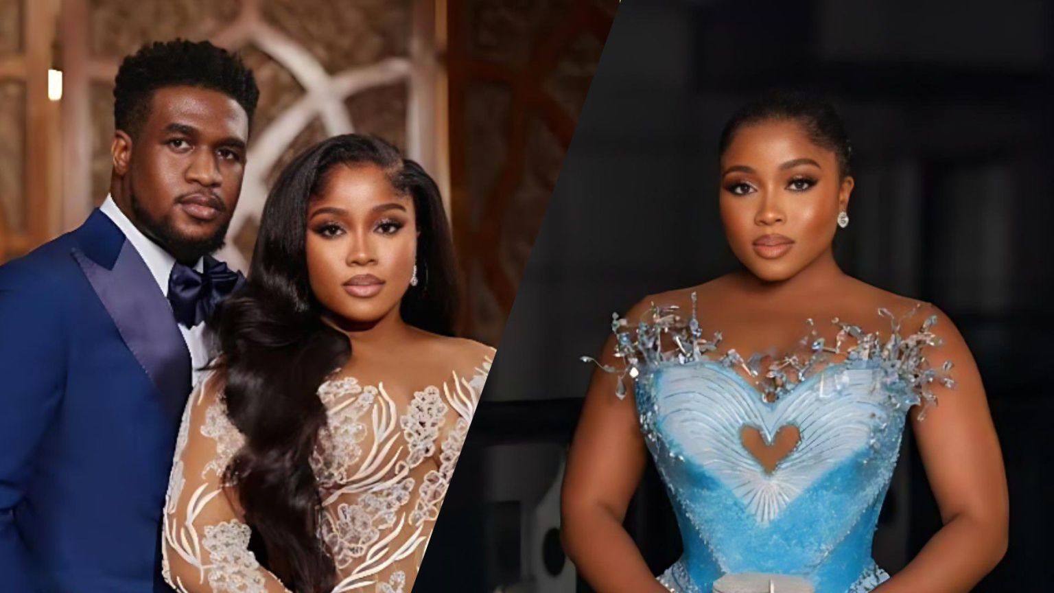 A portrait collage showing Nigerian fashion designer Veekee James and her husband in an elegant formal look on the left, and a separate image of Veekee James posing in a blue embellished gown on the right.