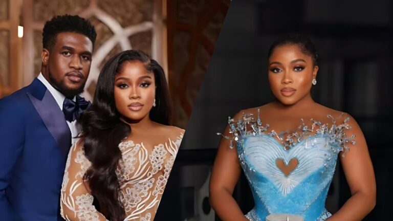 A portrait collage showing Nigerian fashion designer Veekee James and her husband in an elegant formal look on the left, and a separate image of Veekee James posing in a blue embellished gown on the right.