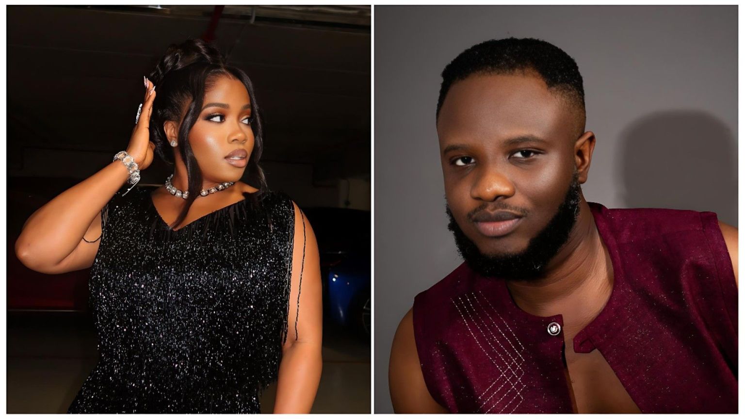 A split-panel image featuring two Nigerian celebrities. On the left is Veekee James, a renowned fashion designer, elegantly dressed in one of her custom creations—a structured orange gown with intricate detailing. On the right is comedian DeeOne, smiling while wearing a light teal suit jacket over a patterned shirt.