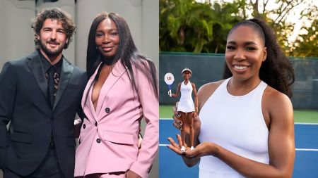 A side-by-side collage showing Venus Williams and Andrea Preti on the left, standing together in formal outfits, and Venus Williams on the right smiling on a tennis court while holding a small tennis-themed figurine that resembles her.