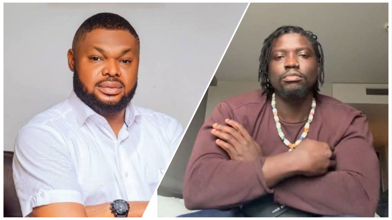 Side-by-side photo showing Nigerian activist Harrison Gwamnishu on the left in a white shirt, and online critic VeryDarkMan on the right wearing a brown top and bead necklace while seated indoors.