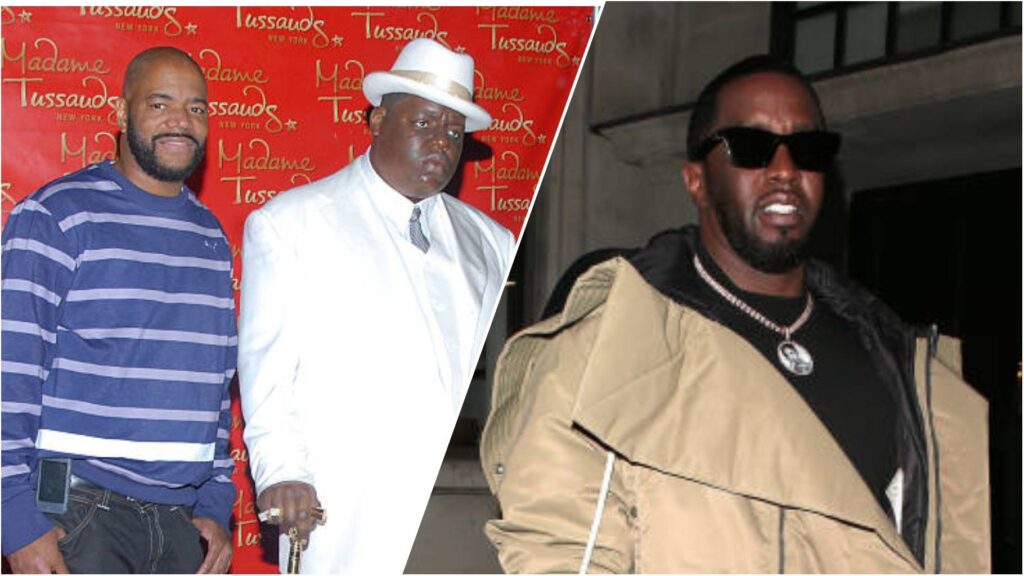 Wayne Barrow standing beside a wax figure of The Notorious B.I.G. at Madame Tussauds, and Sean ‘Diddy’ Combs walking outdoors wearing sunglasses and a tan jacket.