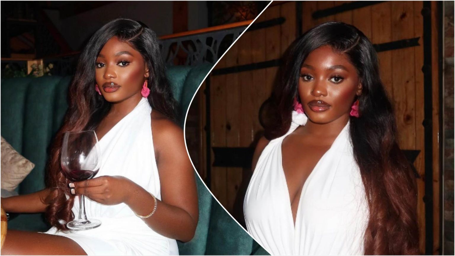 Influencer Raye sits in a dimly lit restaurant wearing a white dress, styled with long wavy hair and pink earrings, holding a wine glass in one image and posing confidently in another.
