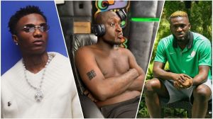 Tri-panel collage featuring (left) Nigerian singer Wizkid in clear-framed glasses, white sweater, and diamond chain against a blue backdrop; (center) Nigerian comedian and content creator Carter Efe shirtless with arms crossed, wearing large headphones in a gaming chair against colorful graffiti wall; (right) Nigerian footballer Victor Boniface in a green Super Eagles polo shirt, seated outdoors with hands clasped.