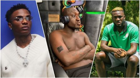 Tri-panel collage featuring (left) Nigerian singer Wizkid in clear-framed glasses, white sweater, and diamond chain against a blue backdrop; (center) Nigerian comedian and content creator Carter Efe shirtless with arms crossed, wearing large headphones in a gaming chair against colorful graffiti wall; (right) Nigerian footballer Victor Boniface in a green Super Eagles polo shirt, seated outdoors with hands clasped.