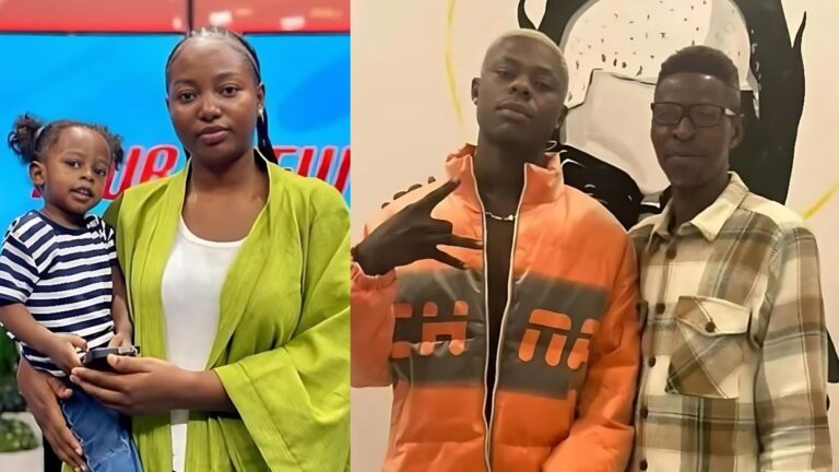 A side-by-side photo collage showing Mohbad’s widow, Wunmi, holding her young son Liam on the left, both standing indoors in front of a colourful studio backdrop; and on the right, late singer Mohbad posing beside his father, Joseph Aloba, in casual outfits against an art-themed background.