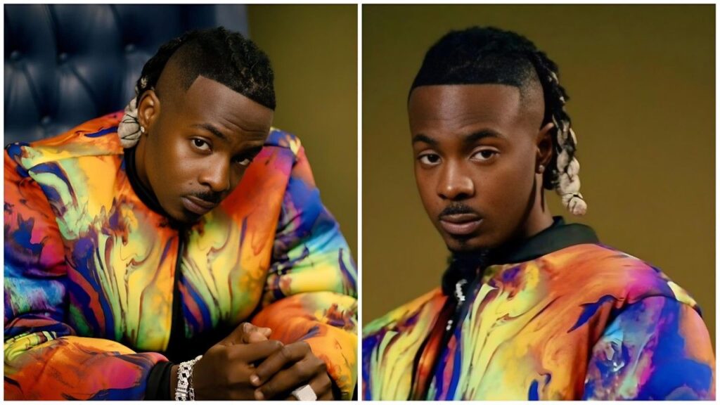 Split-image collage of Nigerian music producer and singer Young Jonn (John Saviours Udomboso)—both photos show him wearing the same vibrant multicolored tie-dye jacket with abstract patterns in shades of orange, yellow, blue, pink, and purple; left: seated with hands clasped, looking to the side against a dark background; right: close-up portrait looking directly at the camera against a warm brown backdrop.