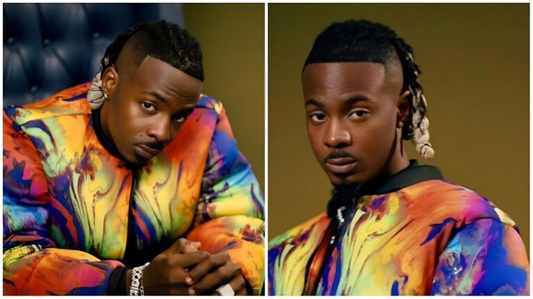 Split-image collage of Nigerian music producer and singer Young Jonn (John Saviours Udomboso)—both photos show him wearing the same vibrant multicolored tie-dye jacket with abstract patterns in shades of orange, yellow, blue, pink, and purple; left: seated with hands clasped, looking to the side against a dark background; right: close-up portrait looking directly at the camera against a warm brown backdrop.