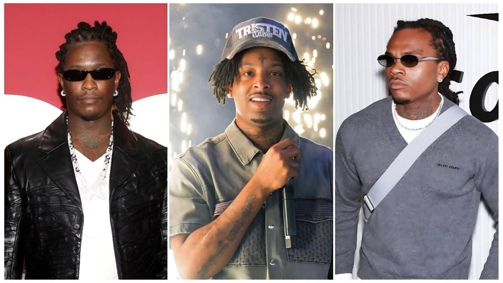A split-panel image featuring three prominent American rappers. On the left is Young Thug (Jeffery Williams), wearing a black hoodie and several diamond chains while looking toward the camera. In the center is 21 Savage (Shéyaa Bin Abraham-Joseph), wearing a black leather jacket and a matching black cap, appearing in a candid or interview-style shot. On the right is Gunna (Sergio Kitchens), wearing stylish sunglasses and a patterned designer jacket, posing for a portrait.