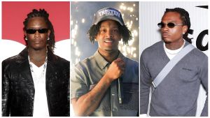 A split-panel image featuring three prominent American rappers. On the left is Young Thug (Jeffery Williams), wearing a black hoodie and several diamond chains while looking toward the camera. In the center is 21 Savage (Shéyaa Bin Abraham-Joseph), wearing a black leather jacket and a matching black cap, appearing in a candid or interview-style shot. On the right is Gunna (Sergio Kitchens), wearing stylish sunglasses and a patterned designer jacket, posing for a portrait.