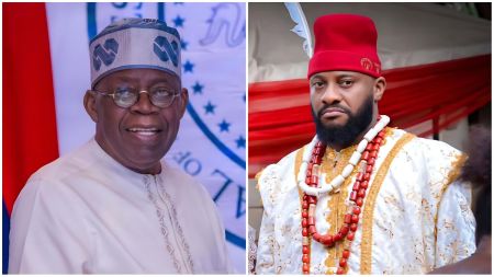 Side-by-side photo showing Nigerian President Bola Ahmed Tinubu smiling in a traditional agbada and cap on the left, and actor Yul Edochie dressed in regal Igbo attire with coral beads and a red cap on the right.