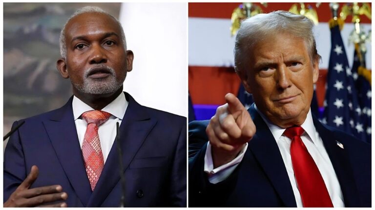 Split-image collage featuring (left) Nigerian Minister of Foreign Affairs Yusuf Maitama Tuggar speaking at a podium in a dark blue suit with a red patterned tie against a blurred background; (right) U.S. President Donald Trump pointing directly at the camera in a dark suit with red tie and American flag pin, against a backdrop of American flags and golden emblems.