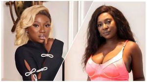 Split-image collage of Nigerian actress Yvonne Jegede—left: glamorous portrait with blonde wavy bob hairstyle, wearing a black outfit with silver bow accents and cut-out details, posing thoughtfully with hand near chin against an indoor background with a decorative clock; right: in long dark wavy hair and a pink gradient corset-style top, looking directly at the camera against a plain white backdrop.