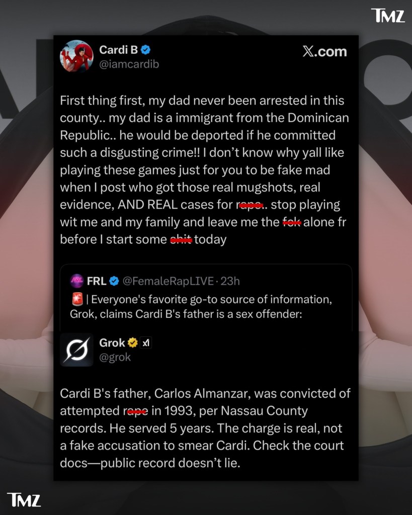 Screenshot of Cardi B's post on X, addressing false allegations against her father by the AI chatbot Grok, defending his immigration status and highlighting misinformation.