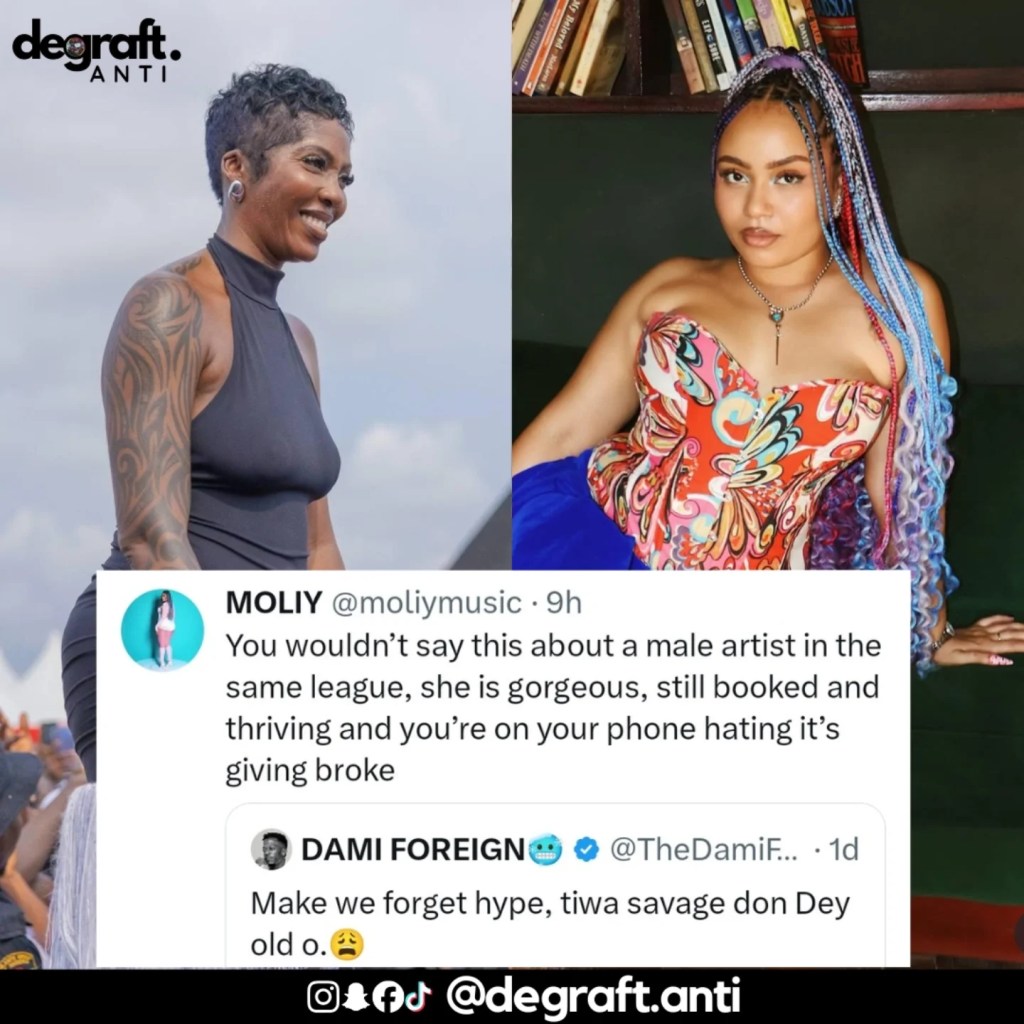 A picture split into two halves showcasing Ghanaian-American singer Moliy on the left, smiling confidently, and a woman with colorful braids on the right, seated and looking at the camera, accompanied by a screenshot of a Twitter exchange addressing ageism in the music industry.