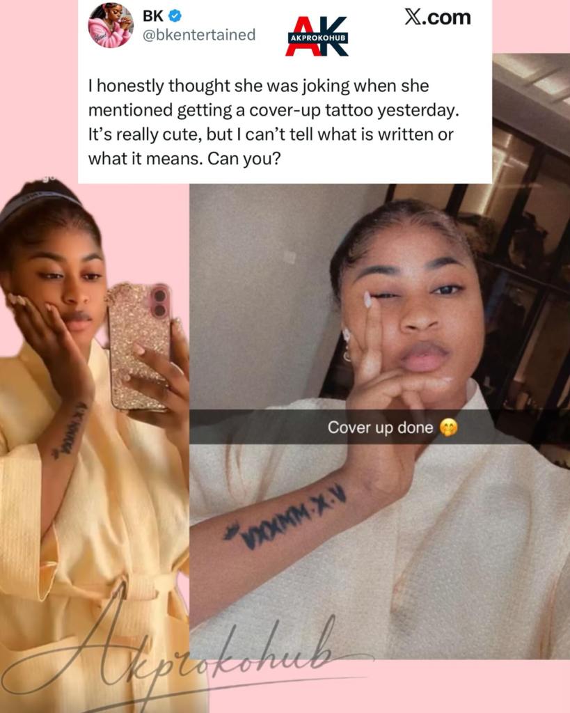 Imisioluwa showing off her forearm tattoo featuring Roman numerals, alongside a selfie and a comment about the tattoo on social media.