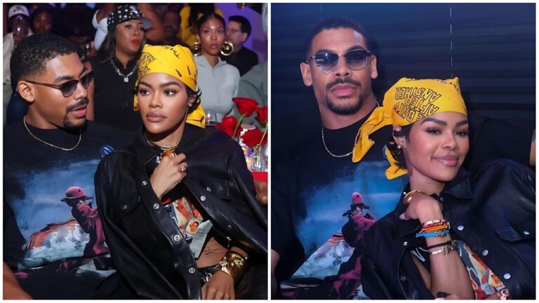Split-image collage of British actor Aaron Pierre and American singer/actress Teyana Taylor—both wearing matching black graphic T-shirts featuring a colorful motorcycle scene and yellow bandanas; left: sitting closely together at a dimly lit event or party with other people in the background; right: intimate selfie with Aaron's arm around Teyana, both wearing sunglasses indoors.