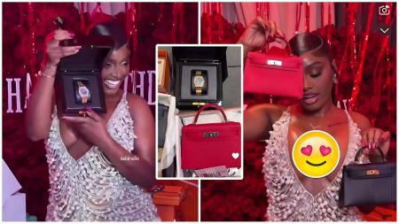 A split image featuring Ama Reginald at her birthday celebration against a background of red roses. On the left, she smiles while holding an open black box revealing a gold Audemars Piguet wristwatch. On the right, she holds up a small red Hermes handbag and a small black Hermes handbag while wearing a pearl-encrusted dress. A central inset displays a close-up of the gold watch and the red bag in their packaging.