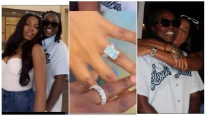A collage of three photos showing BBNaija star Angel Smith and her partner, Tunmie. The left image features the couple posing together, with Angel wearing a white strapless top and Tunmie in a light blue button-up shirt. The center image is a close-up of their hands displaying a massive emerald-cut diamond ring and a diamond eternity band. The right image shows Angel hugging Tunmie from behind while wearing sunglasses, both smiling happily.