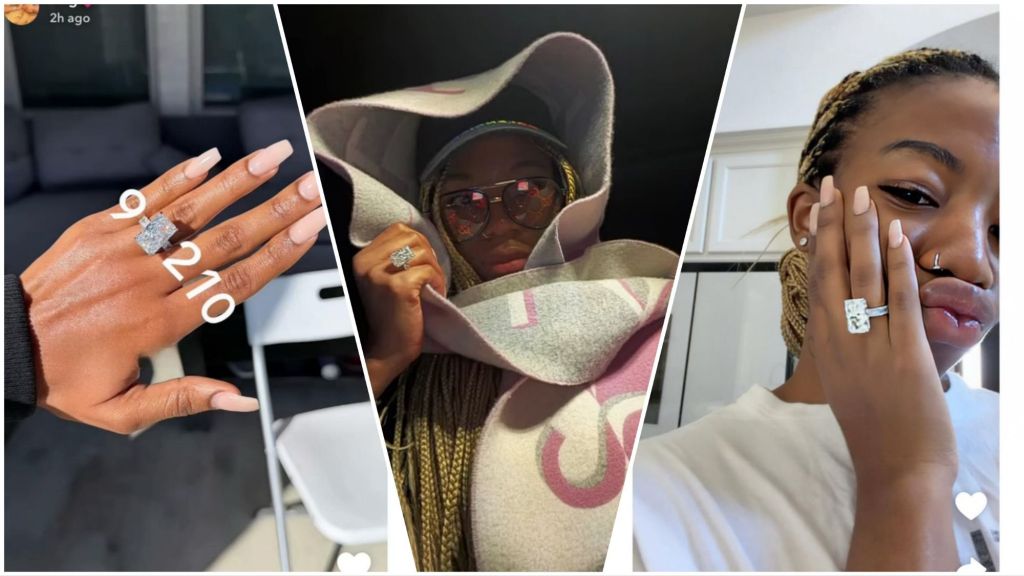 A compilation image featuring three previous shots: the hand with the "9 2 1 0" text, the photo of Angel in the scarf and sunglasses, and the selfie of her posing with the ring on her cheek.