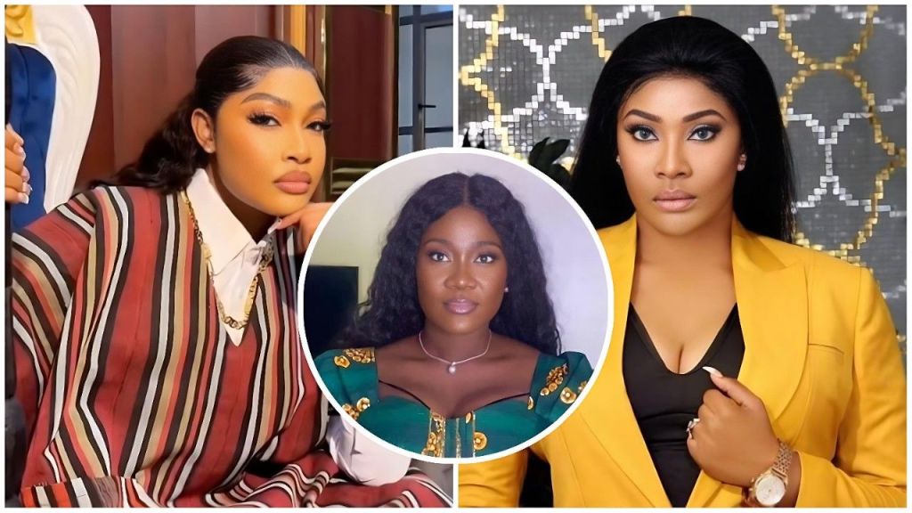 Composite image featuring two photos of Nollywood actress Angela Okorie alongside a circular inset photo of actress Mercy Johnson.