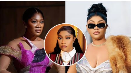Angela Okorie secures bail: Court sets strict terms for release A composite image showing Mercy Johnson Okojie on the left and Angela Okorie wearing sunglasses on the right, with a central circular inset of Angela Okorie in a striped blazer.