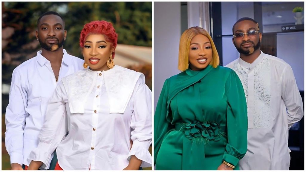Nollywood actress Anita Joseph and hypeman MC Fish pose together in a split photo showing them in happier times before their marriage crash; on the left, they wear matching white shirts, and on the right, she wears a green dress while he wears a white traditional outfit.