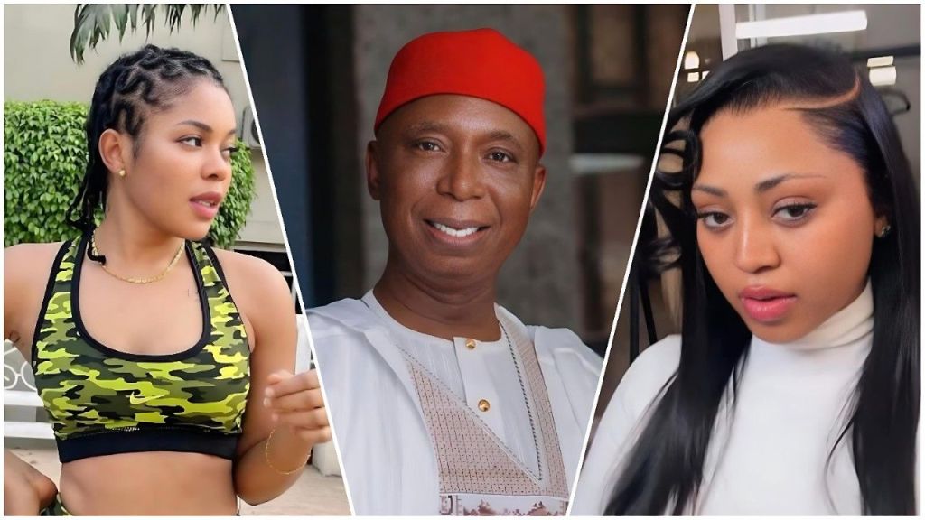 A split image featuring three individuals: on the left, Izuegbu Anthonet (Ann) wearing a camouflage sports bra top; in the center, Senator Ned Nwoko in a white traditional outfit with a red cap; and on the right, Regina Daniels in a white turtleneck top.