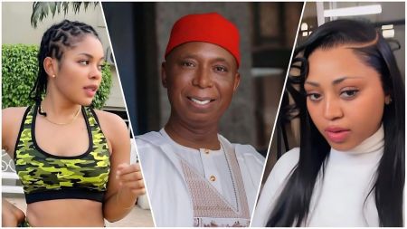 A split image featuring three individuals: on the left, Izuegbu Anthonet (Ann) wearing a camouflage sports bra top; in the center, Senator Ned Nwoko in a white traditional outfit with a red cap; and on the right, Regina Daniels in a white turtleneck top.