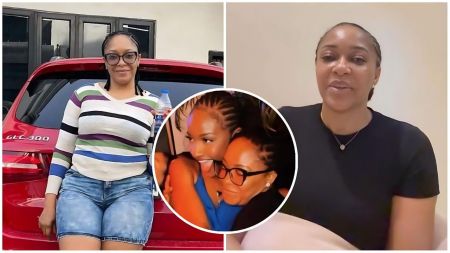 A split image featuring Ayra Starr’s mother leaning against a red Mercedes-Benz GLC 300 on the left, and speaking during a video recording on the right. A circular inset in the center shows a warm moment of the Mavin Records star hugging her mother.