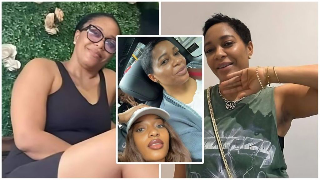 A collage showing Ayra Starr’s mother in casual black and green outfits, featuring a center inset of a car selfie with her daughter.