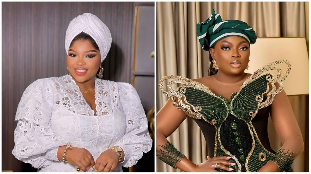 A split-screen image featuring Nollywood actresses Bimbo Thomas and Funke Akindele. On the left, Bimbo Thomas smiles brightly while wearing an elegant white lace outfit with a matching white headwrap (gele). On the right, Funke Akindele poses confidently in a black dress featuring elaborate green beaded embroidery on the bodice, paired with a green and white striped headwrap.