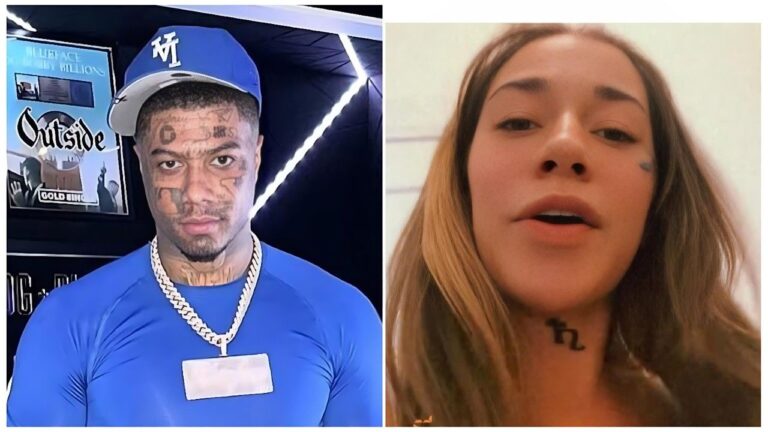 A split image featuring rapper Blueface on the left wearing a blue outfit and a Los Angeles Dodgers cap, and his ex-girlfriend Neveah Akira on the right showing a neck tattoo.