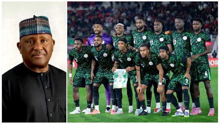A composite image featuring BUA Group Chairman Abdul Samad Rabiu on the left and the Nigerian Super Eagles team posing for a group photo in green kits on the right.