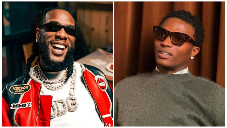 A split image featuring Nigerian Afrobeat superstars Burna Boy and Wizkid. On the left, Burna Boy is smiling, wearing dark sunglasses, heavy diamond chains, and a red, white, and black racing-style leather jacket. On the right, Wizkid is wearing dark sunglasses and a grey sweater, looking off to the side.
