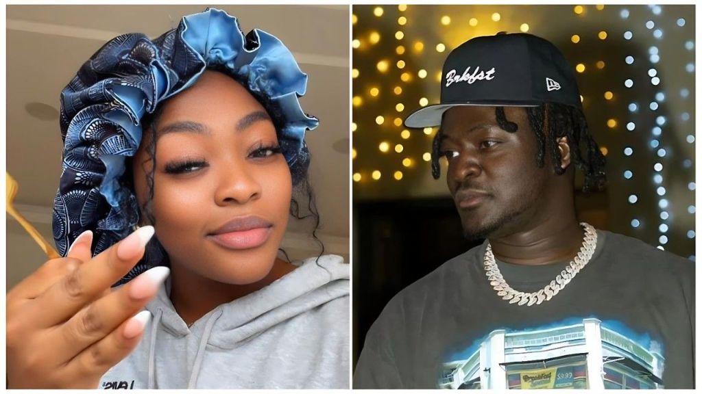 A split image featuring Nigerian influencer Caramel Plug on the left and King Manny on the right. Caramel Plug is wearing a blue and black patterned satin bonnet and a grey hoodie, looking at the camera while holding a gold utensil. King Manny is wearing a black cap with the text "Bkfast" and a grey graphic t-shirt, looking off to the side.