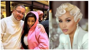 A split image featuring two photos of rapper Cardi B. On the left, a casual photo shows Cardi B in a pink hooded jacket posing closely with her father, Carlos Almanzar, who is wearing a white turtleneck and glasses. On the right, a high-glamour portrait depicts a woman with blonde, vintage-style finger waves and a white blazer.