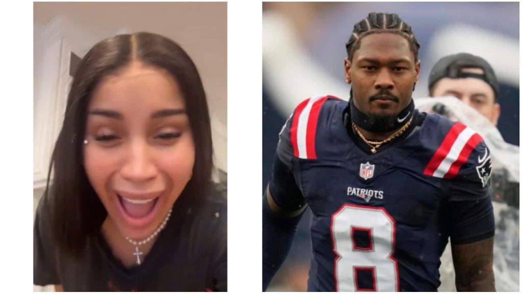 A split image featuring a close-up screenshot of rapper Cardi B screaming with excitement on the left, alongside a photo of NFL star Stefon Diggs looking focused in a New England Patriots uniform on the right.