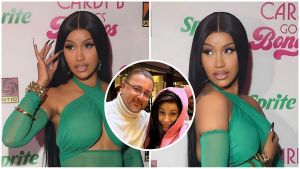 A collage photo featuring Cardi B on a red carpet wearing a striking green cutout dress with long, straight black hair. A circular insert in the center displays a candid photo of the rapper posing with her father, Carlos Almanzar.