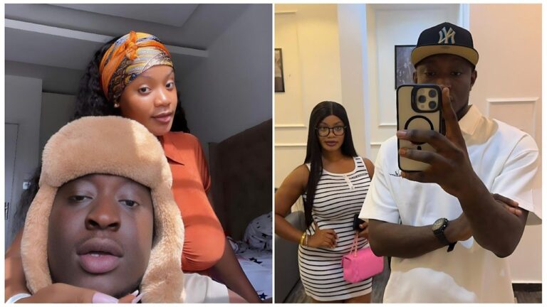 Composite image showing Nigerian streamer Carter Efe and his baby mama Emmanuella in happier times; the left side features a close-up selfie of the pair, while the right side shows them posing for a mirror selfie indoors.