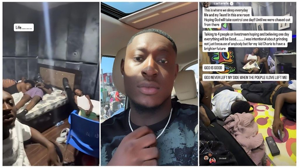 A composite image showing Carter Efe's past struggles versus his present status; the left and right panels depict the skit maker and his team sleeping on mattresses in a cramped single room, while the center panel features a recent photo of him inside a car.