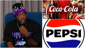 A split image featuring Nigerian skit maker Carter Efe alongside the logos of two major beverage brands. On the left, Carter Efe sits in a blue armchair, looking thoughtfully to his right. He is wearing a black t-shirt with purple graphics and a matching black beanie with purple flame designs. On the top right is a vibrant graphic of the Coca-Cola logo with a glass bottle and a splashing can of Coke against a red background. Below it is the classic red, white, and blue Pepsi logo in a circular design.