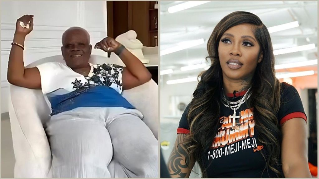 A split image showing Tiwa Savage's mother, Cecilia Savage, sitting on a white chair and laughing while gesturing with her hands on the left, alongside Nigerian singer Tiwa Savage looking off-camera while wearing a black graphic t-shirt on the right.