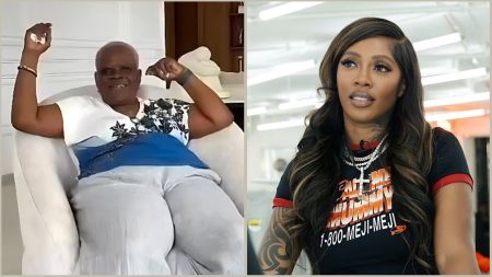 A split image showing Tiwa Savage's mother, Cecilia Savage, sitting on a white chair and laughing while gesturing with her hands on the left, alongside Nigerian singer Tiwa Savage looking off-camera while wearing a black graphic t-shirt on the right.