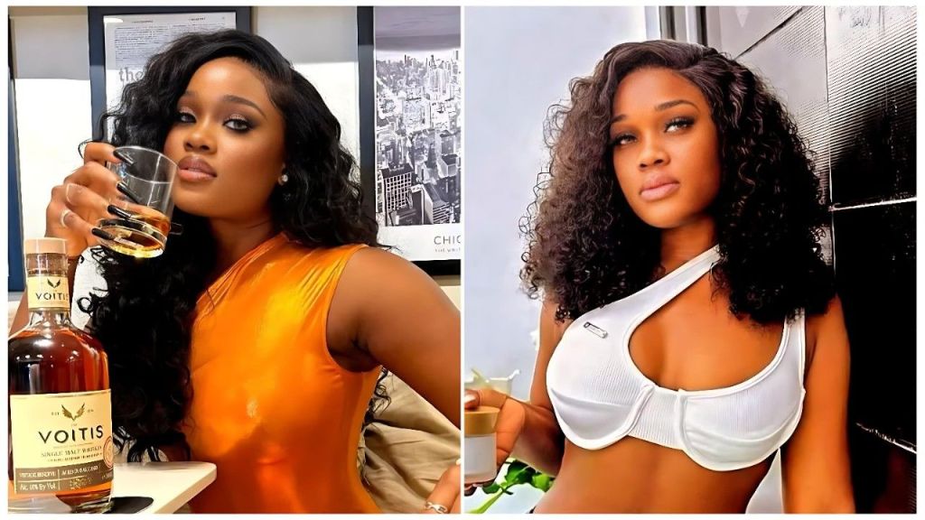 A split image featuring Nigerian reality TV star Cee-C (Cynthia Nwadiora). On the left, she is pictured in a sleek orange outfit holding a glass of whiskey; on the right, she poses in a white two-piece crop top holding a beauty product.
