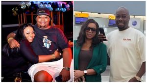 A split image showing Nigerian socialite Cubana Chief Priest hugging his wife De Angels at an event on the left, alongside businessman Obi Cubana posing with his wife Eby Iyiegbu on the right.
